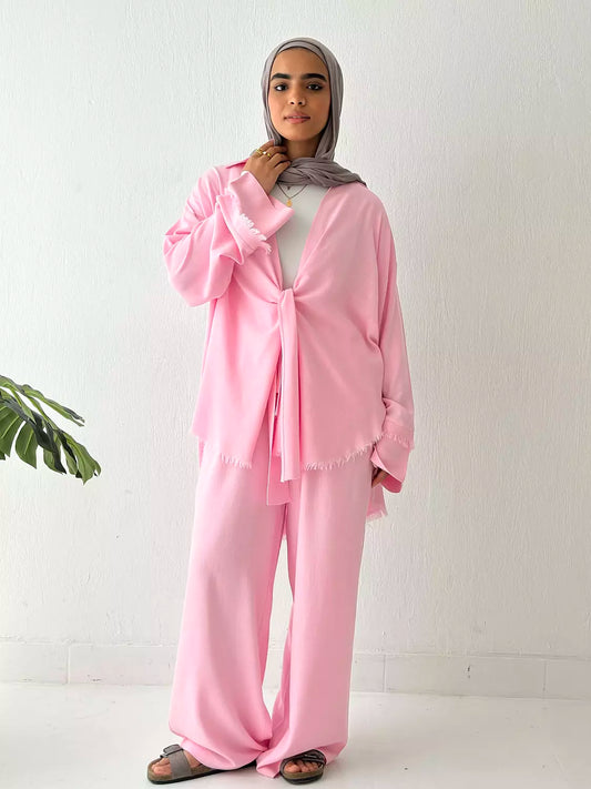 Front Knot Linen Set In Pink
