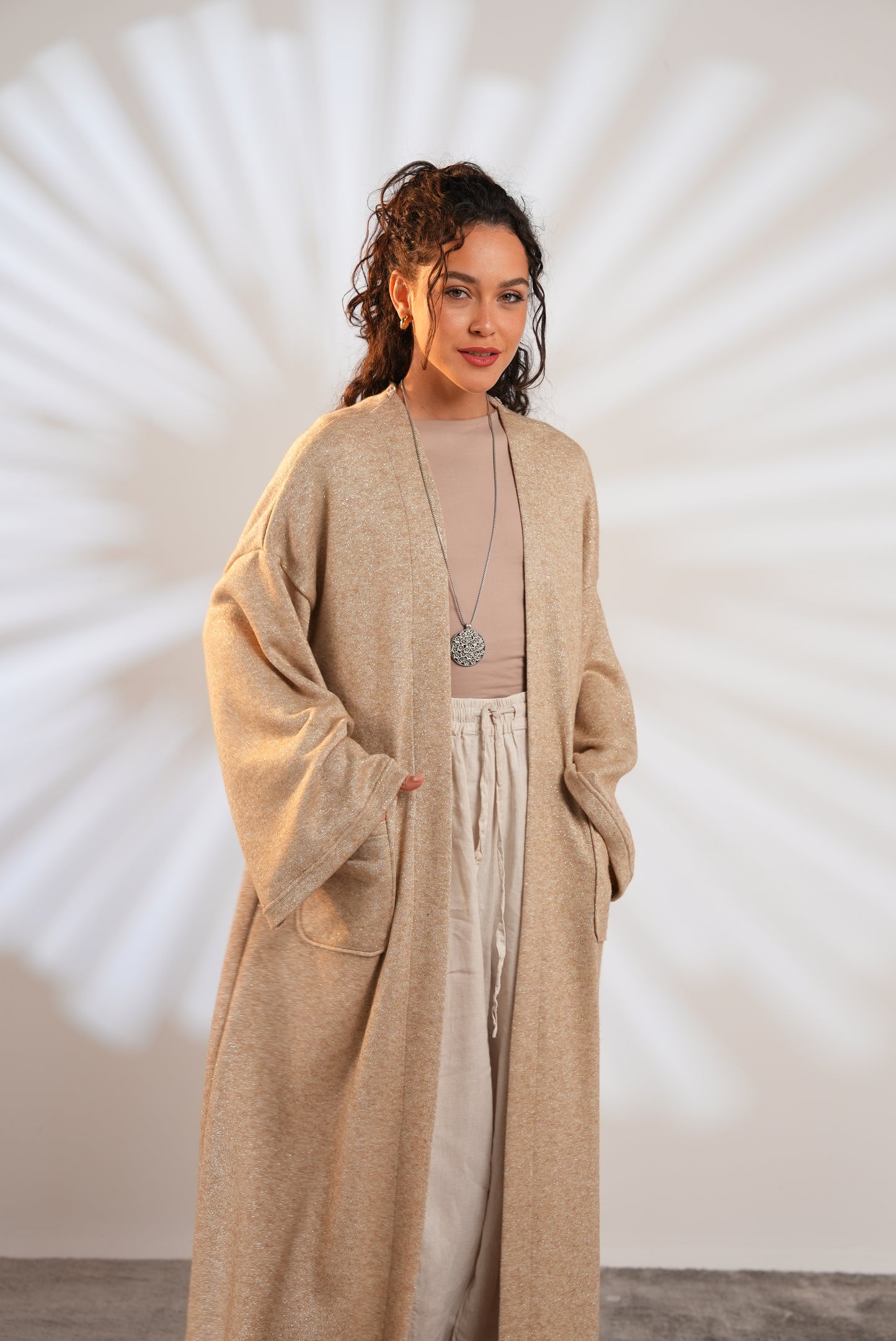 Soft Embrace Shawl Cardigan In Beige