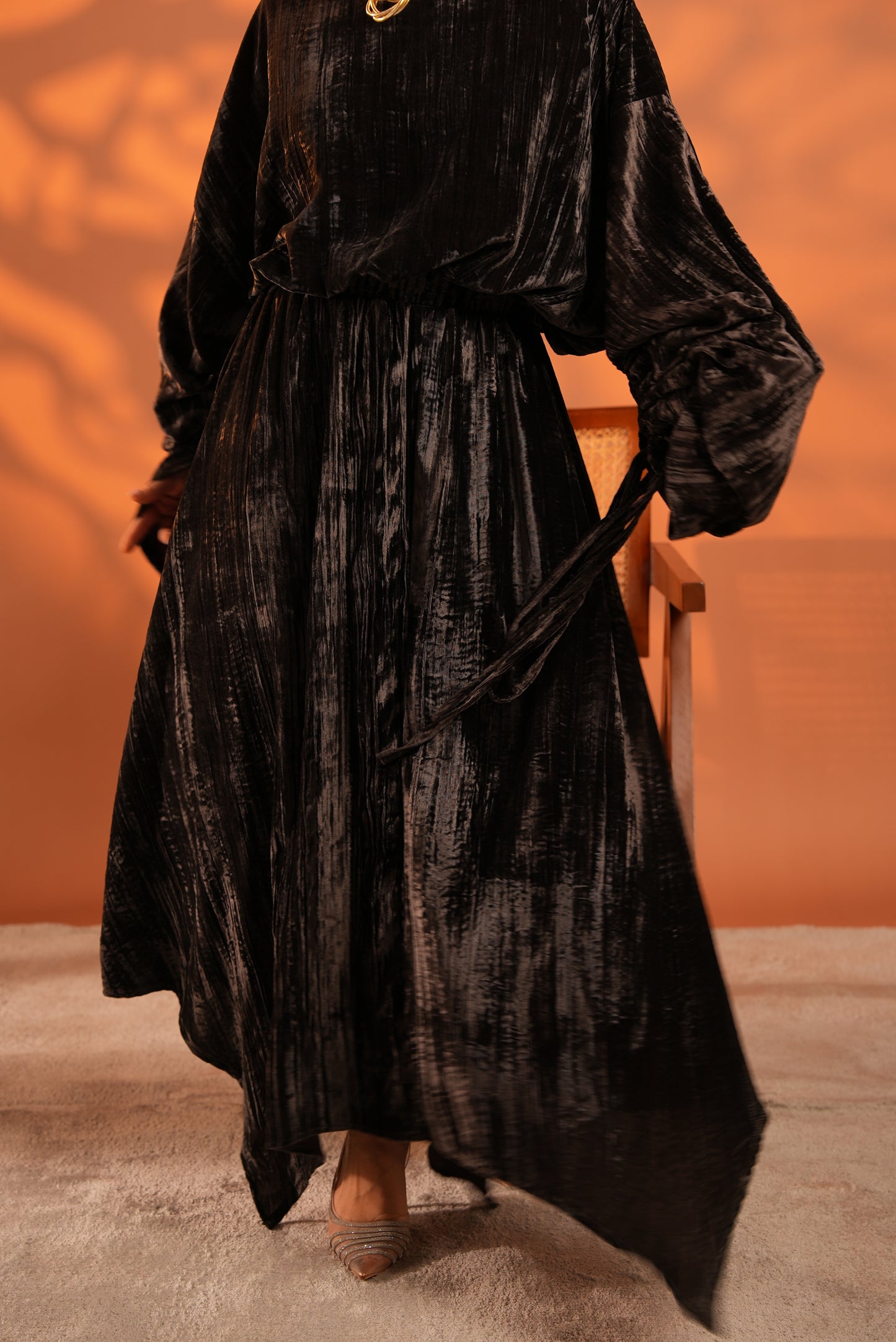 Velvet Eclipse Asymmetrical Skirt Set Dark Brown