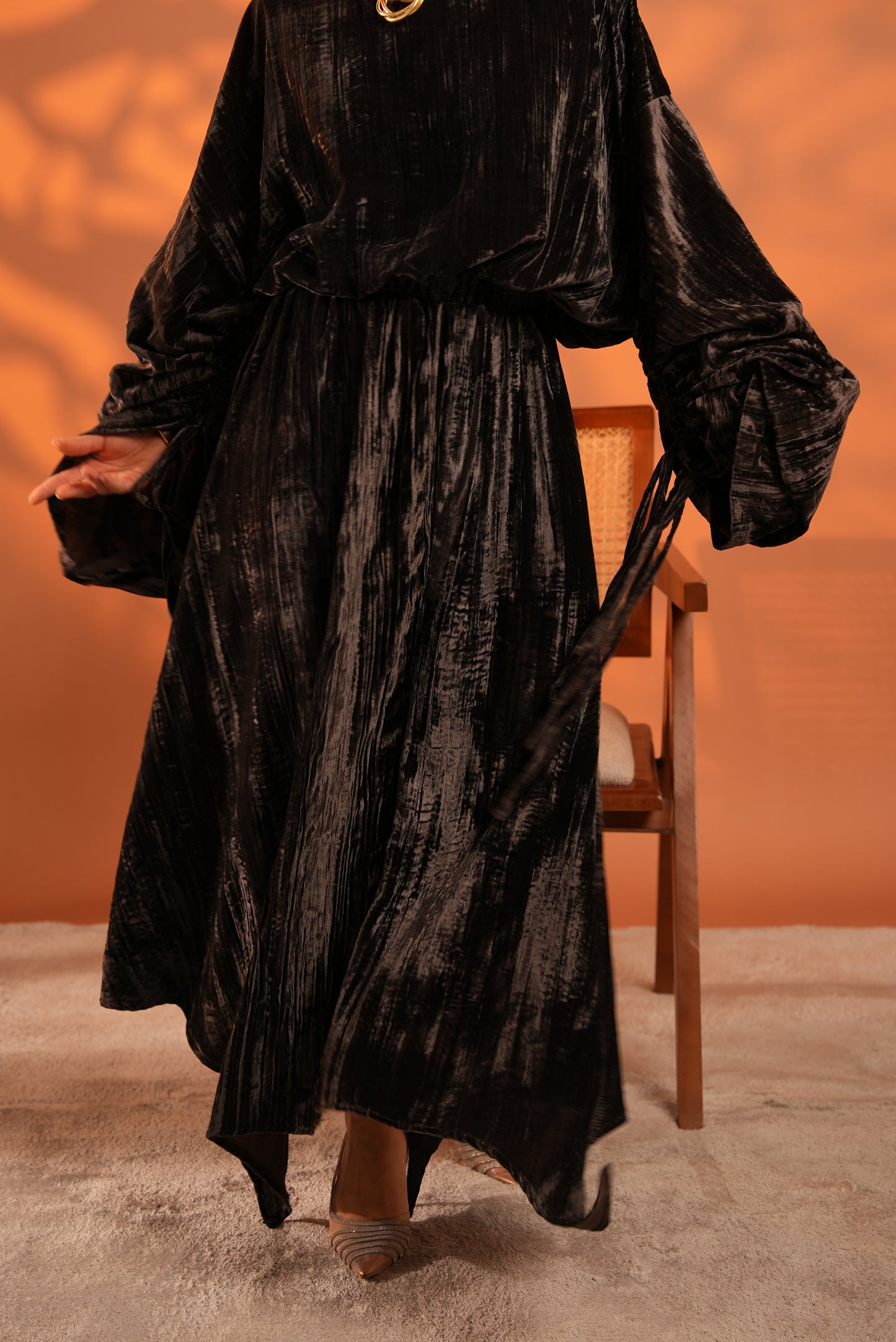 Velvet Eclipse Asymmetrical Skirt Set Dark Brown