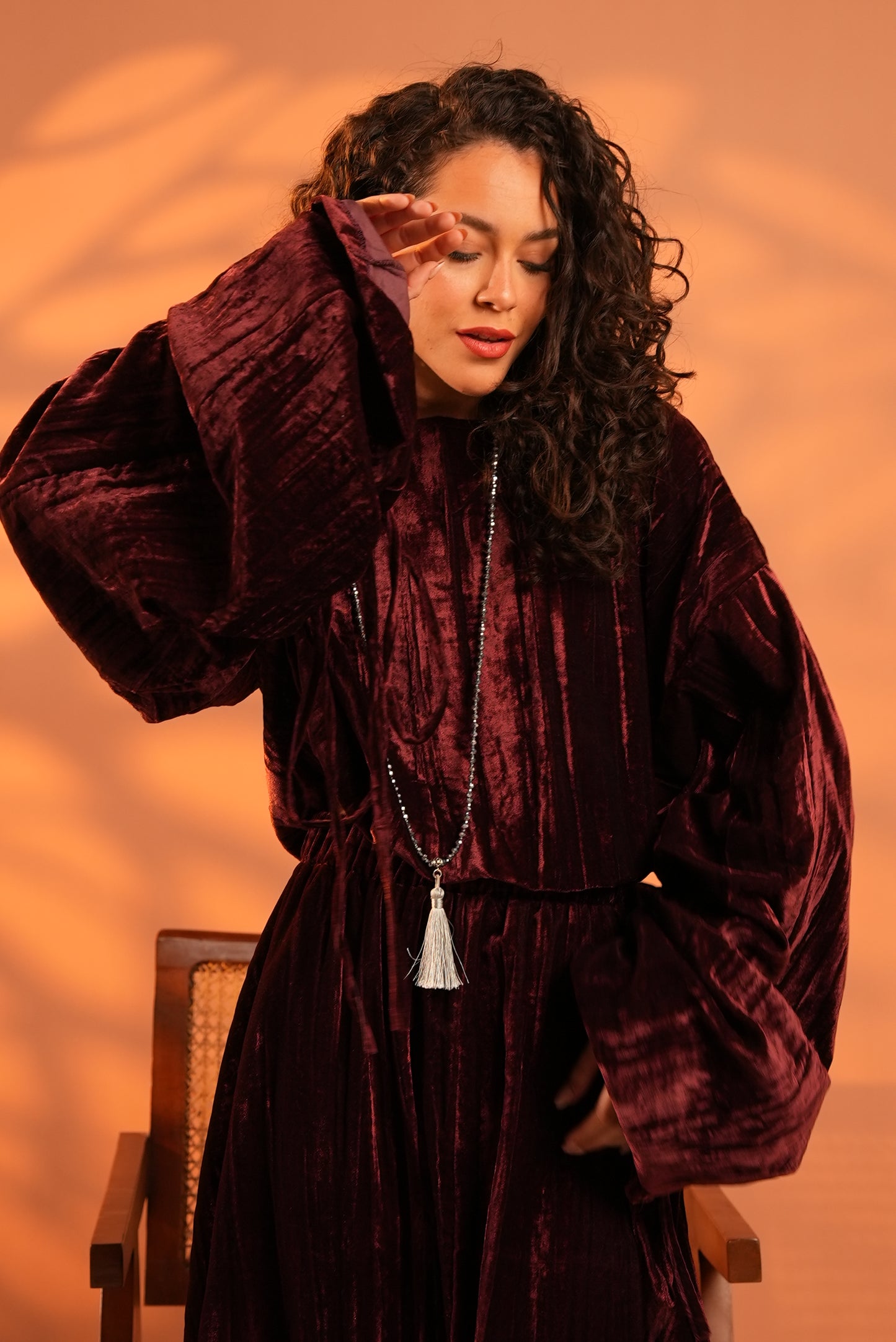 Velvet Eclipse Asymmetrical Skirt Set In Plum