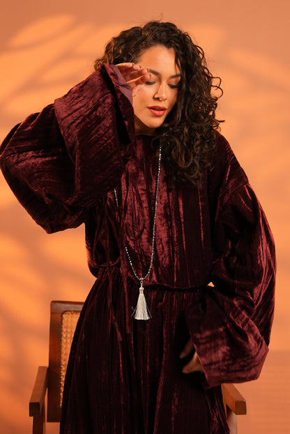 Velvet Eclipse Asymmetrical Skirt Set In Plum