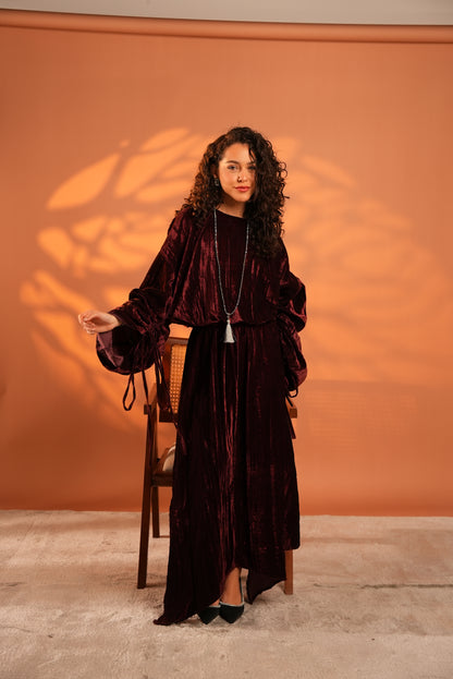Velvet Eclipse Asymmetrical Skirt Set In Plum