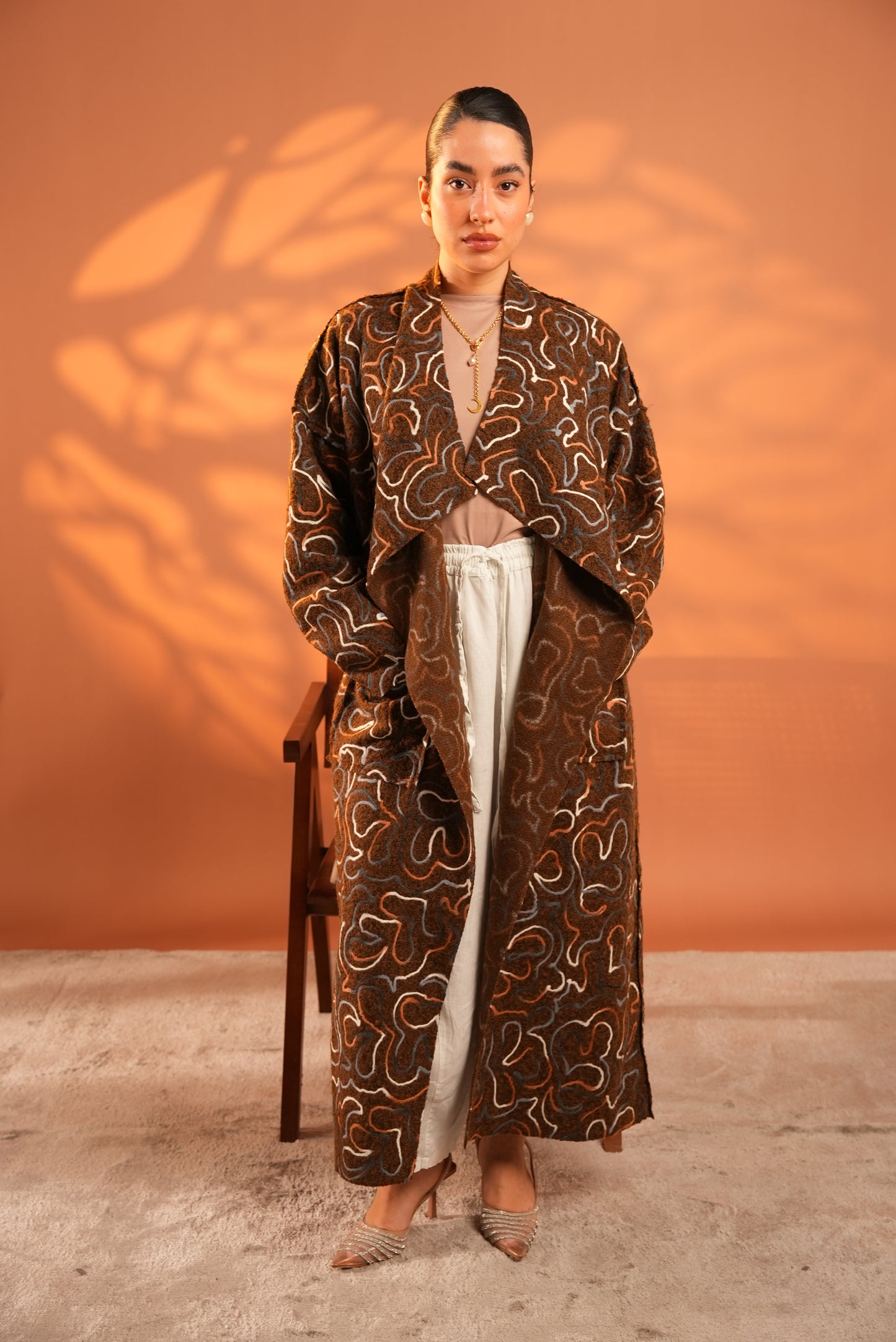 Serene Embroidered Coat In Brown