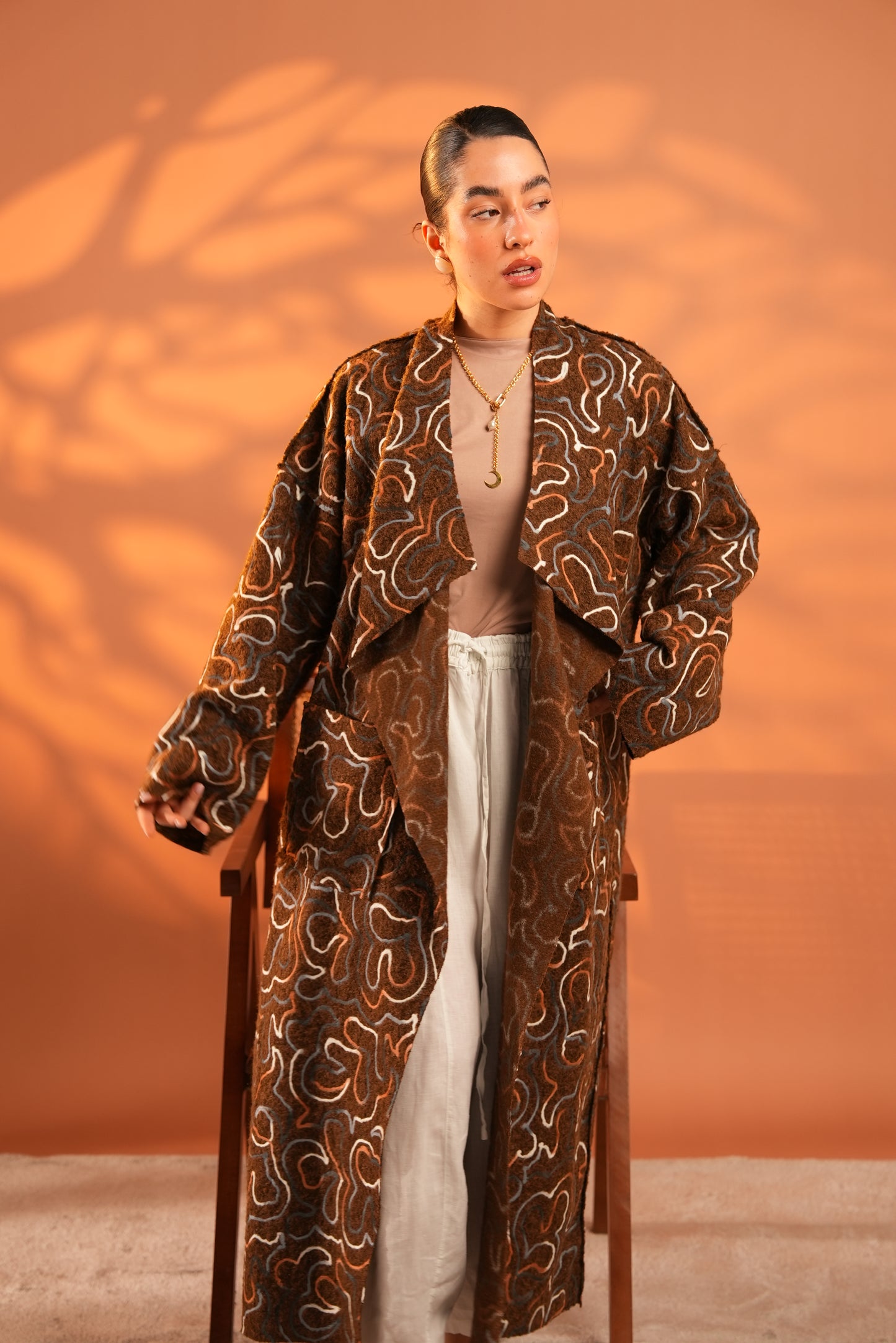 Serene Embroidered Coat In Brown