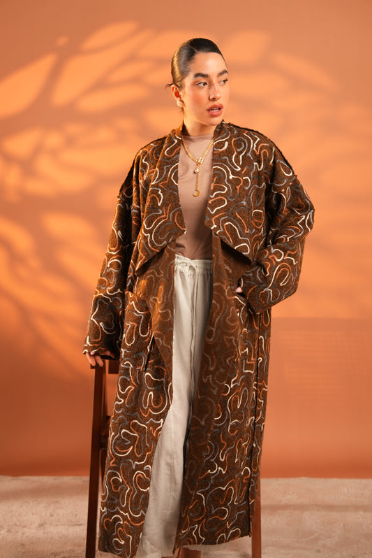 Serene Embroidered Coat In Brown