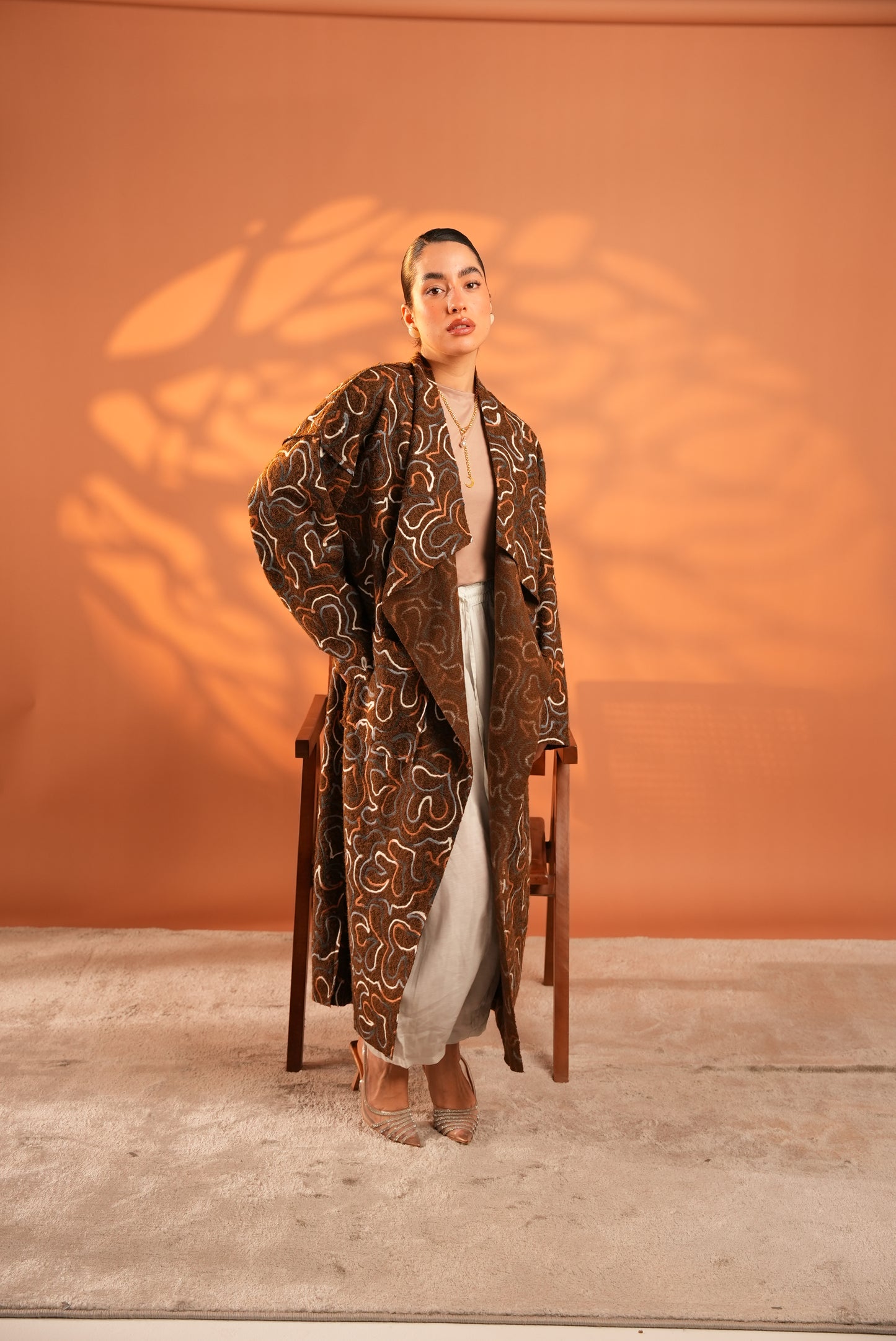 Serene Embroidered Coat In Brown