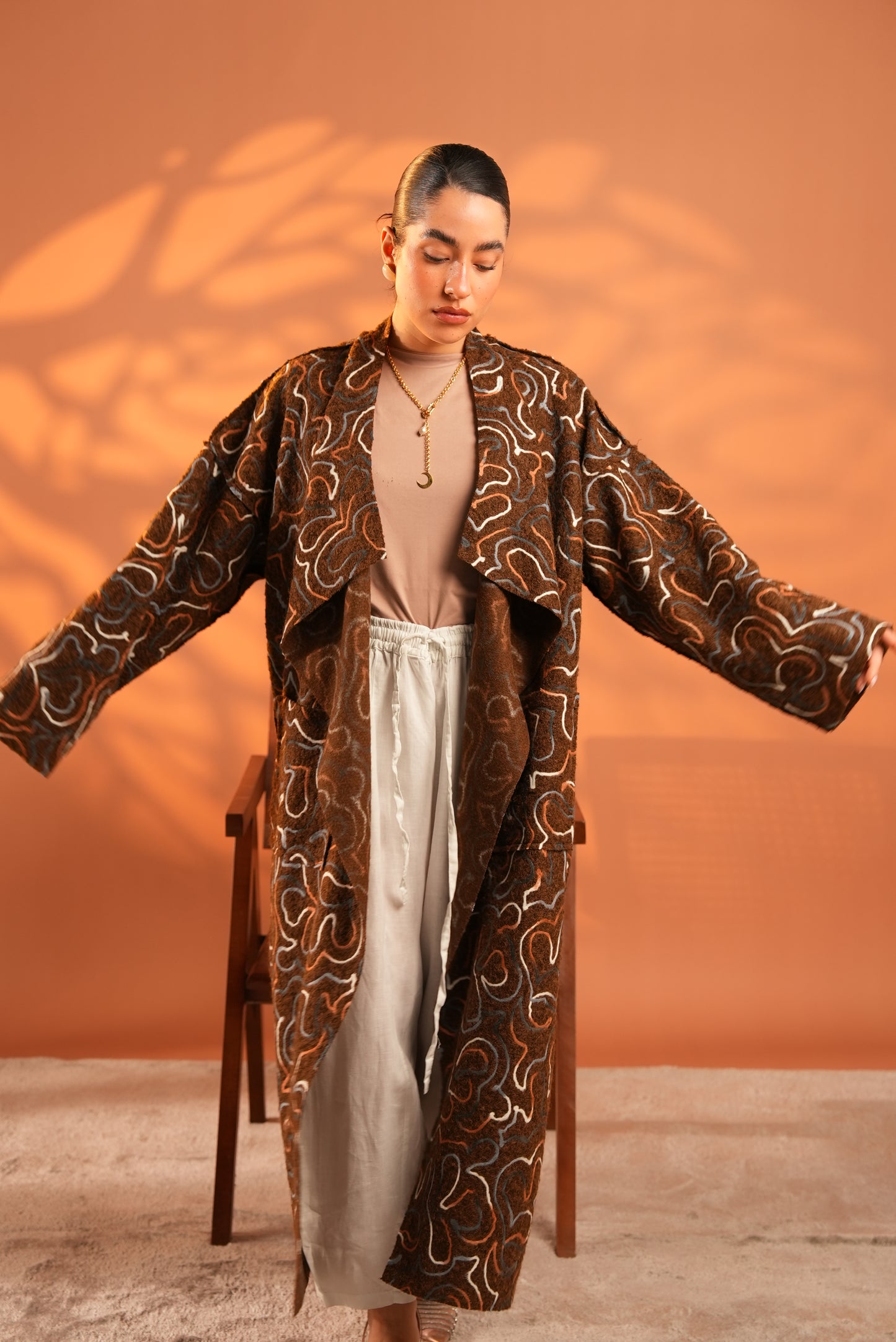 Serene Embroidered Coat In Brown