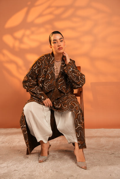 Serene Embroidered Coat In Brown