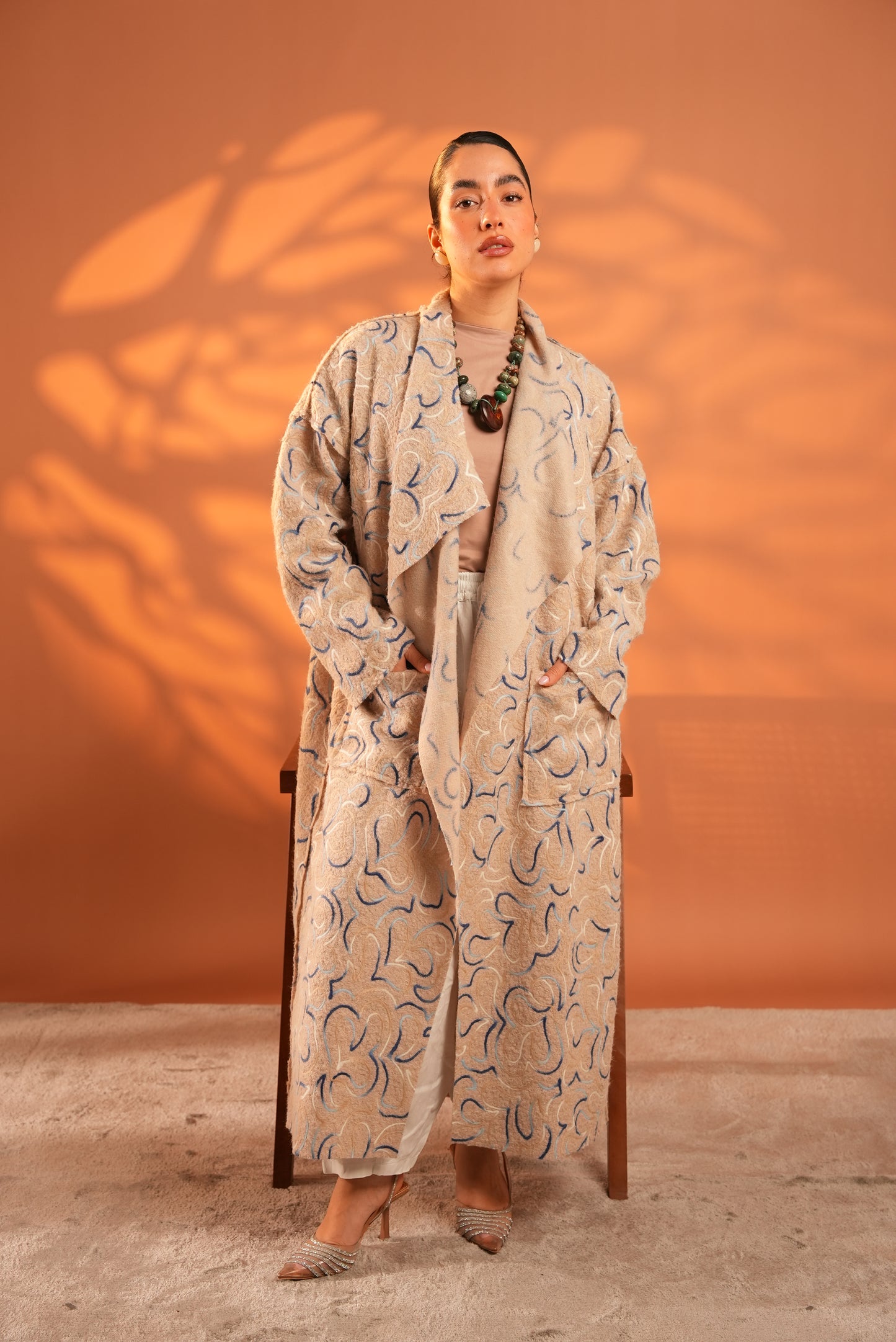 Serene Embroidered Coat In Beige