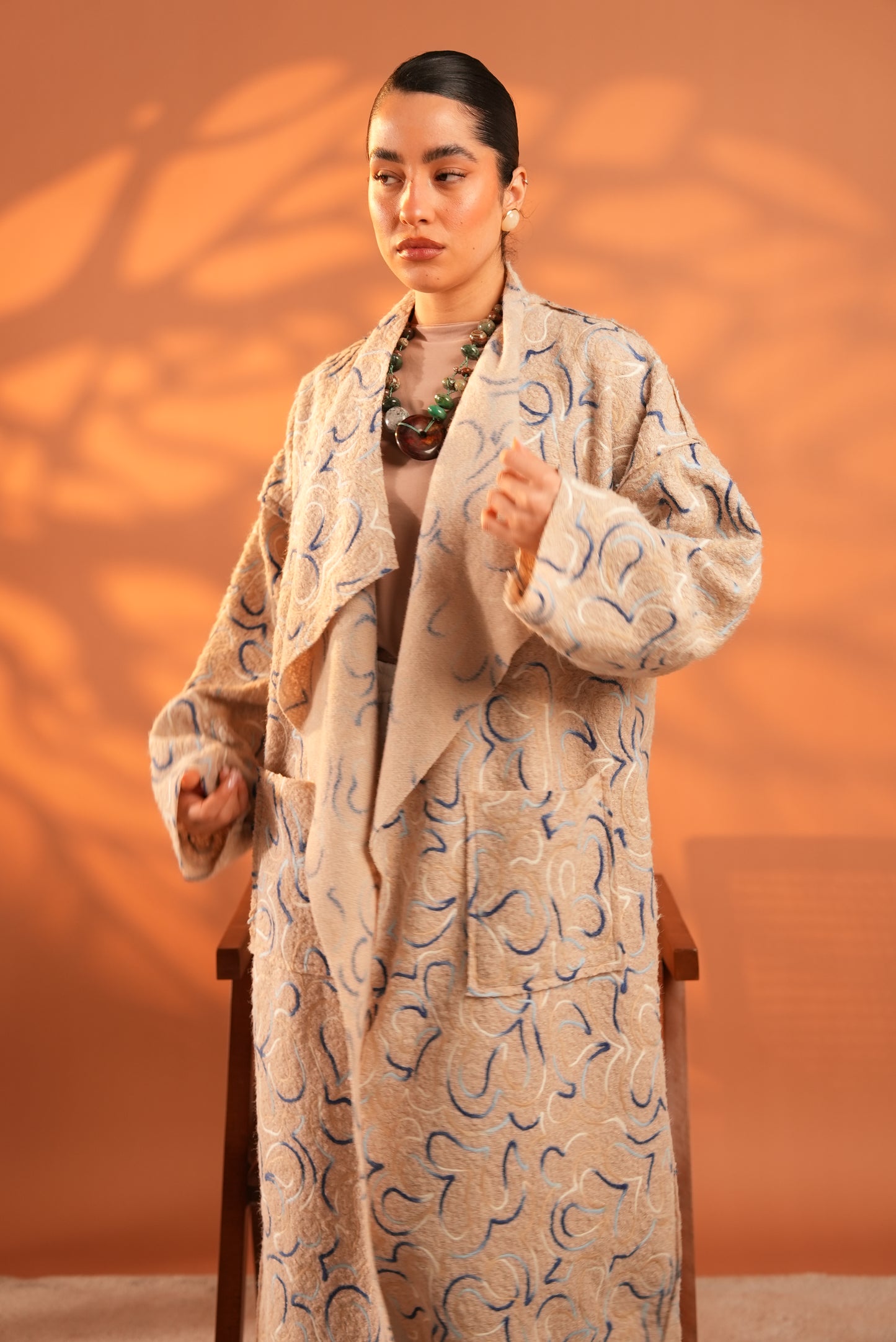 Serene Embroidered Coat In Beige