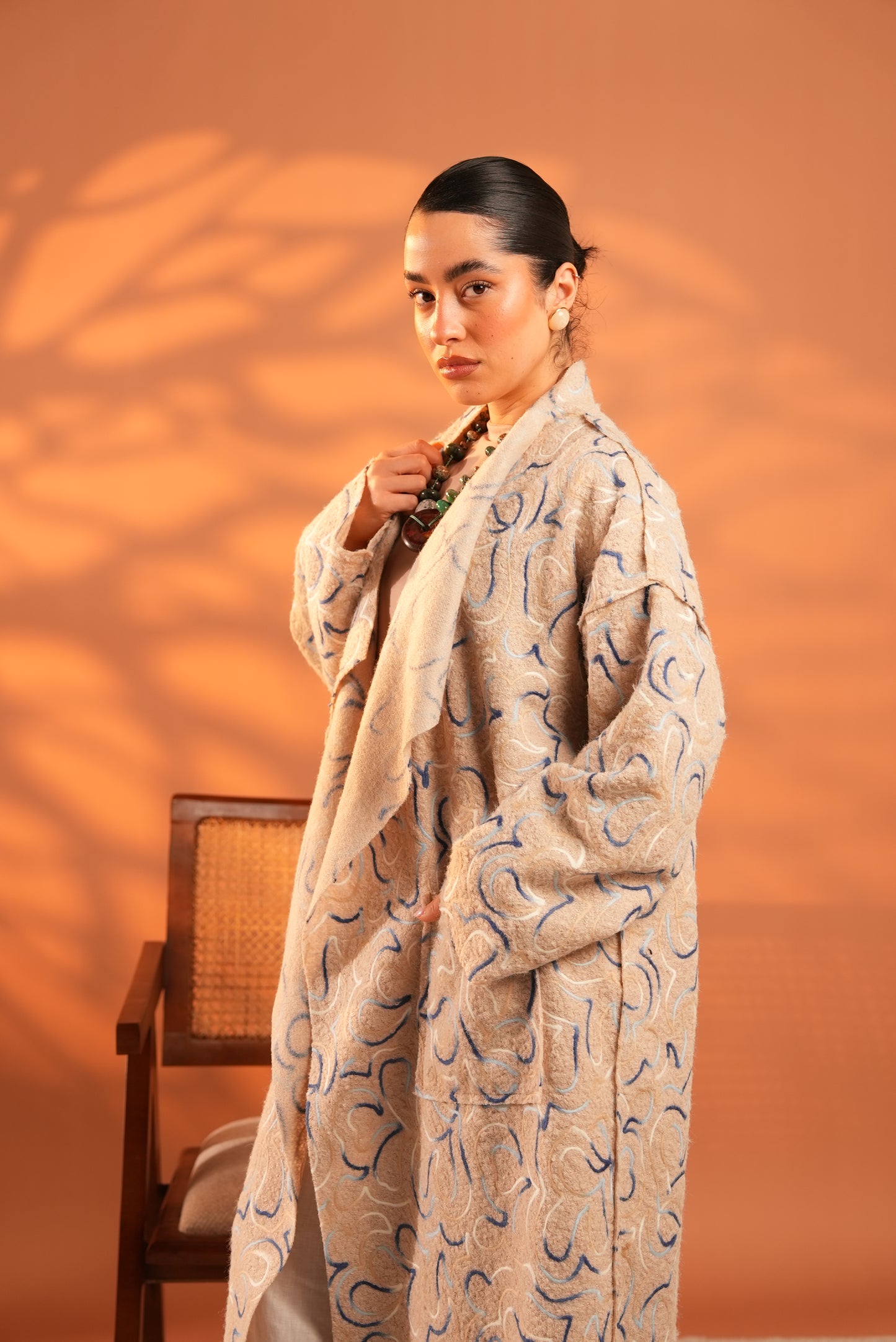 Serene Embroidered Coat In Beige