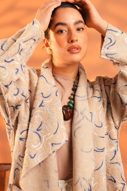 Serene Embroidered Coat In Beige