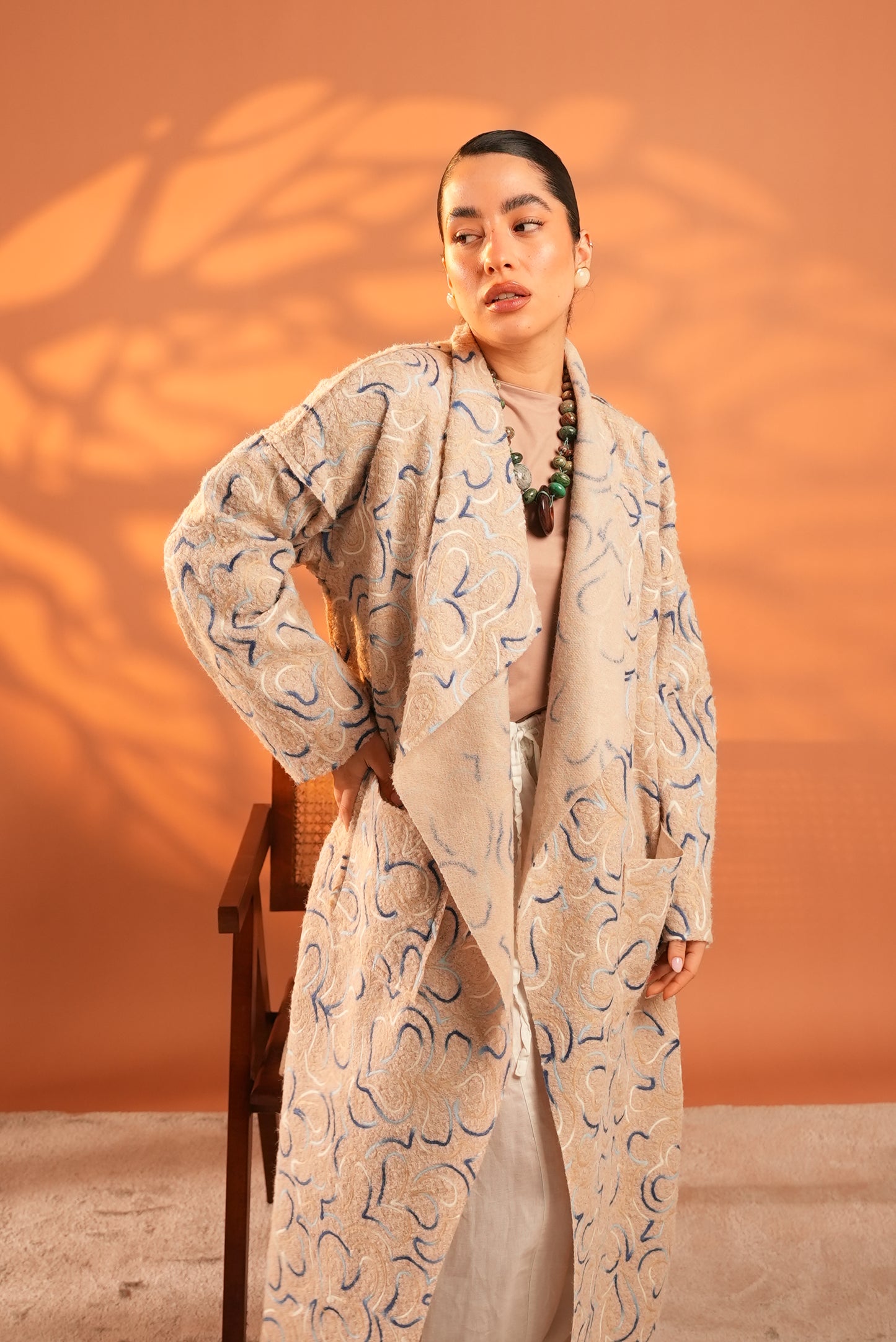 Serene Embroidered Coat In Beige