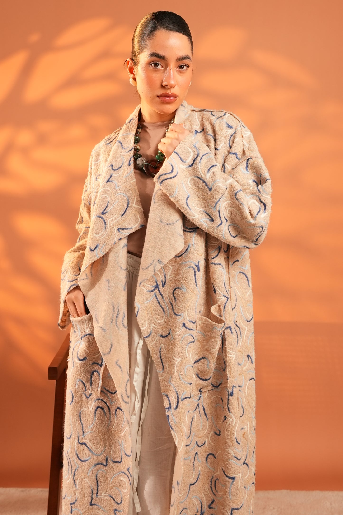 Serene Embroidered Coat In Beige