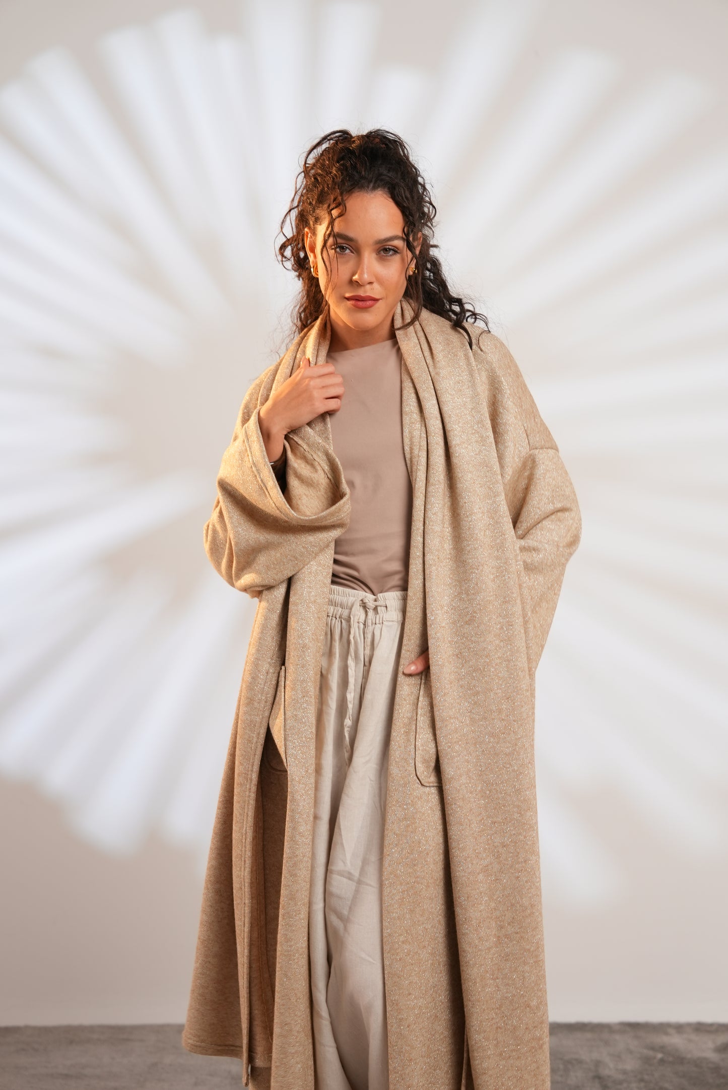 Soft Embrace Shawl Cardigan In Beige