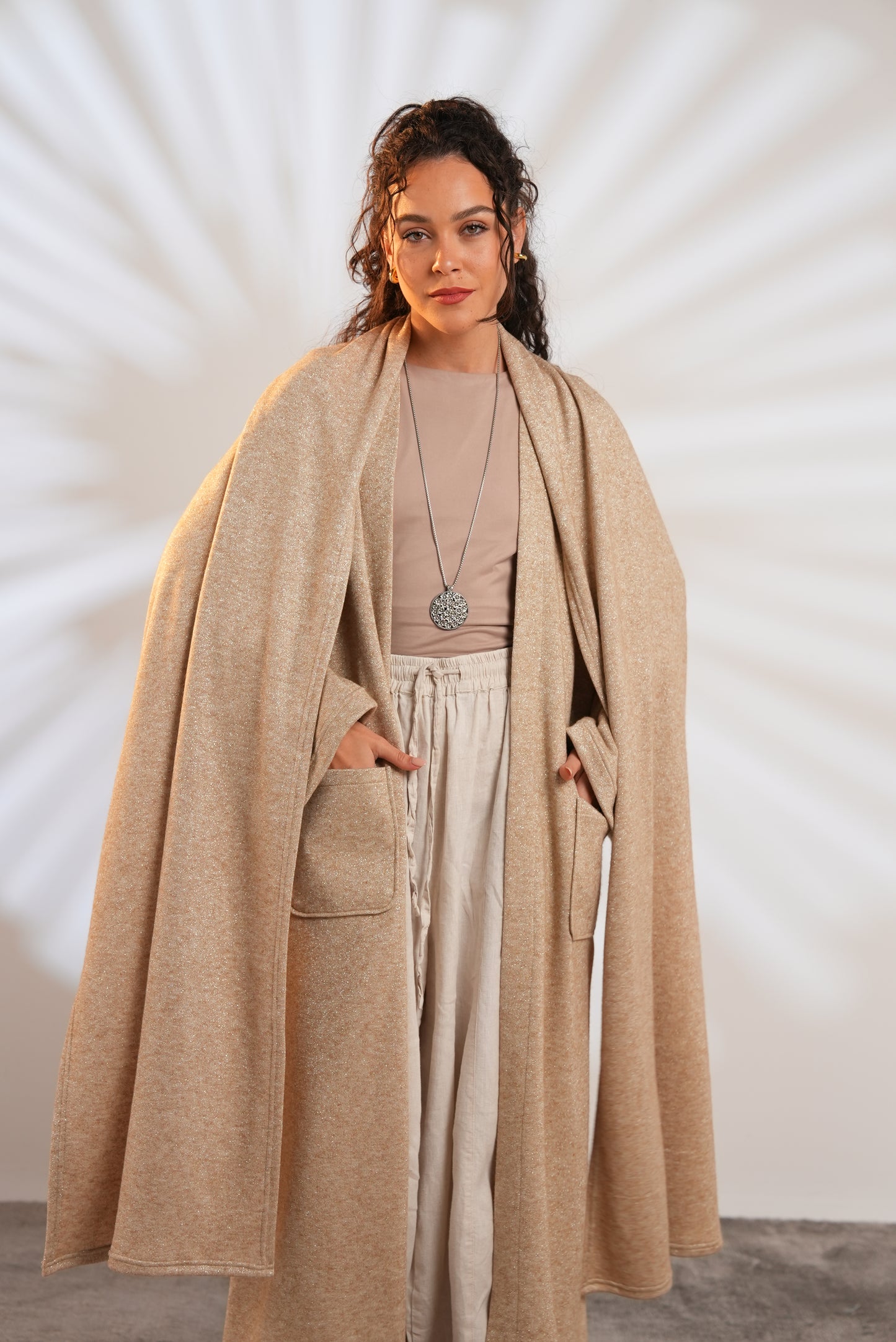 Soft Embrace Shawl Cardigan In Beige