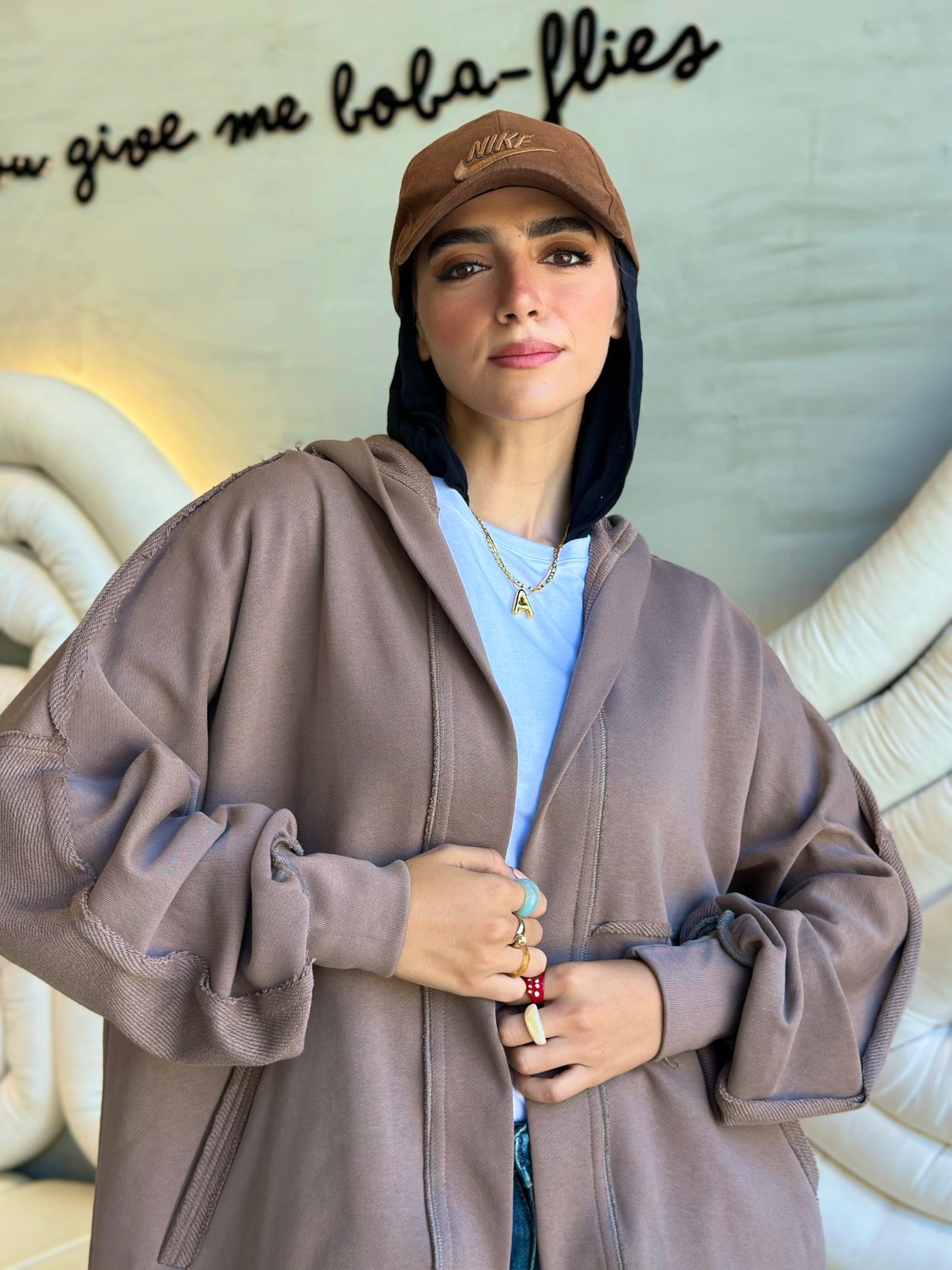 Hooded cardigan in cafè