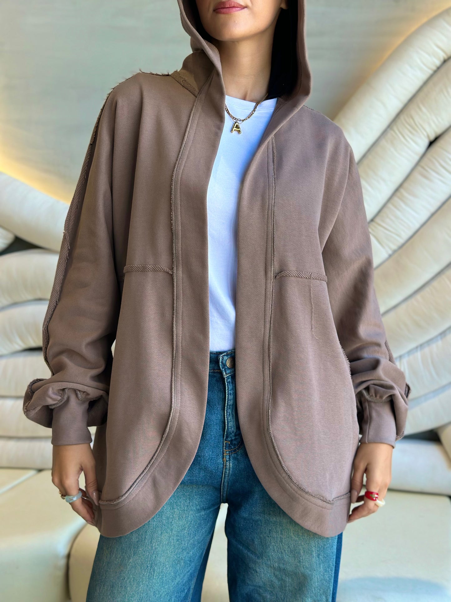 Hooded cardigan in cafè