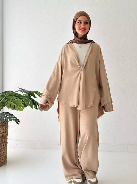 Front Knot Linen Set In Café